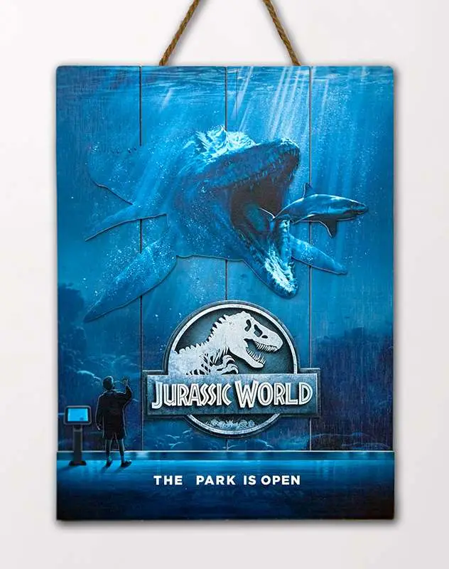 jurassic world mossa wooden poster