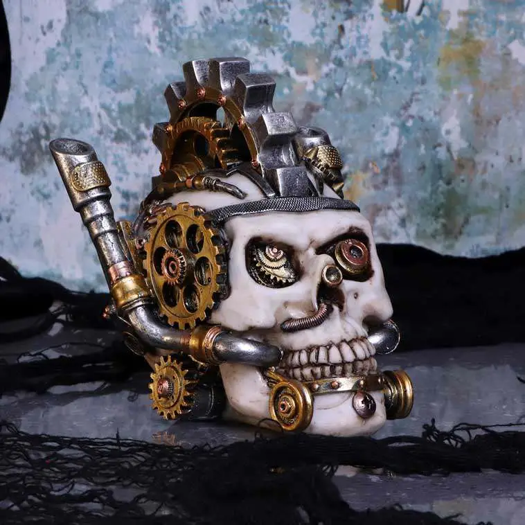 steampunk mechanical metal head skull