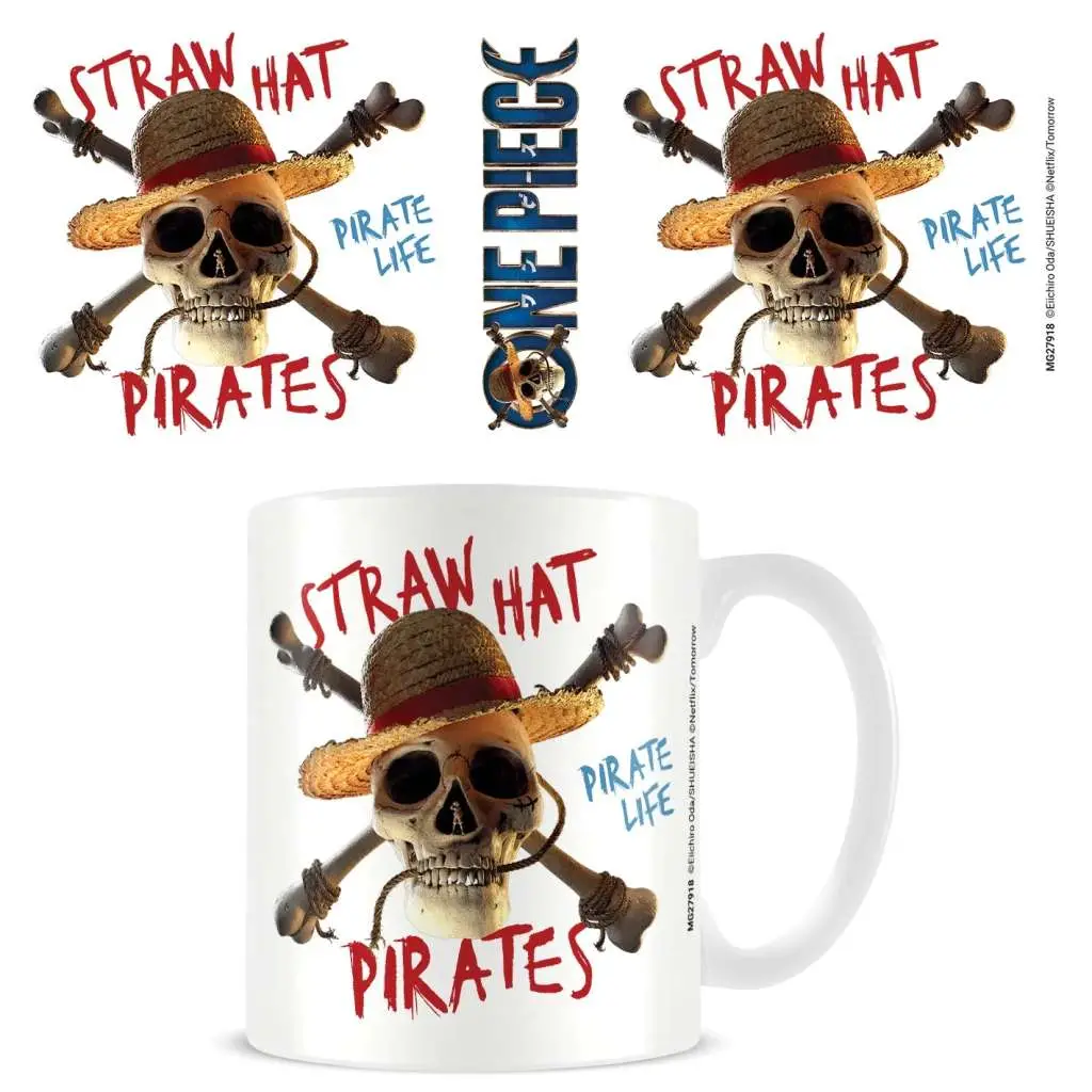 one piece live action straw hat pirate emblem white mug