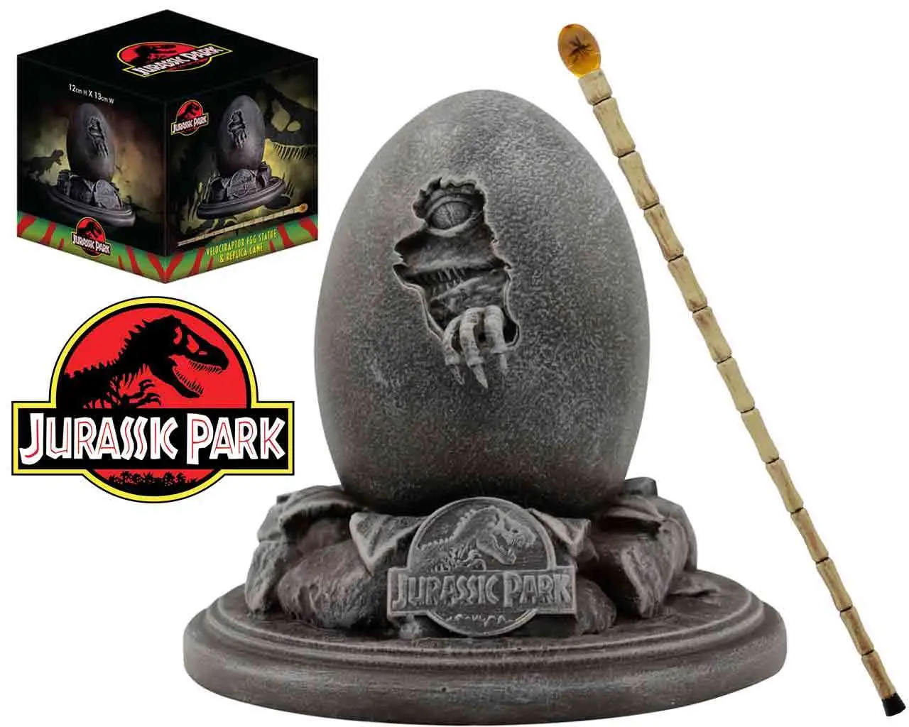 jurassic park 30th anniversary velociraptor egg statue & john hammond cane replica  set