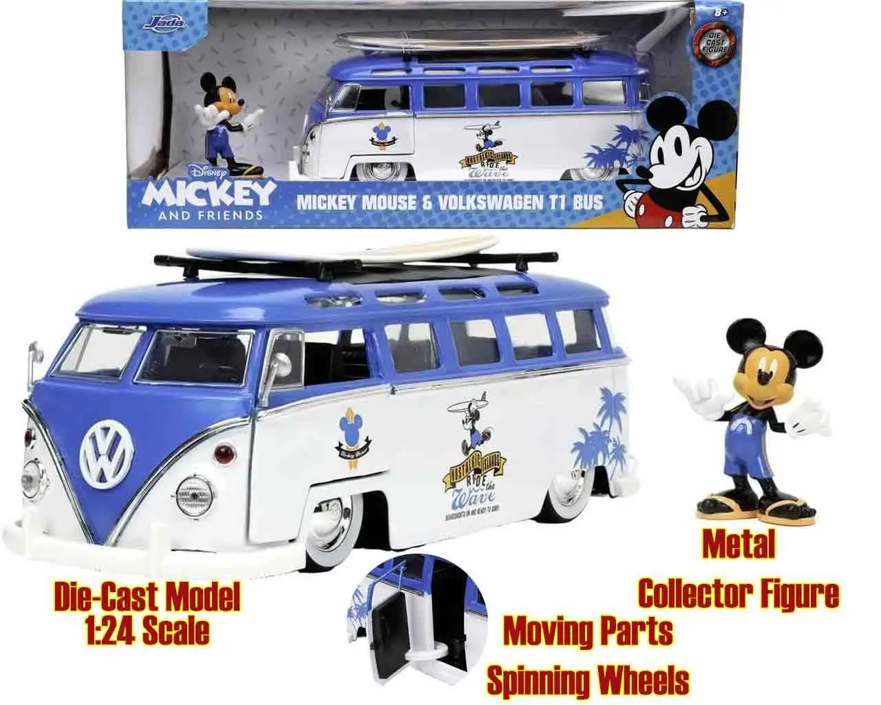mickey mouse - 1967 volkswagen t1 bus with mickey - 1:24 die-cast model