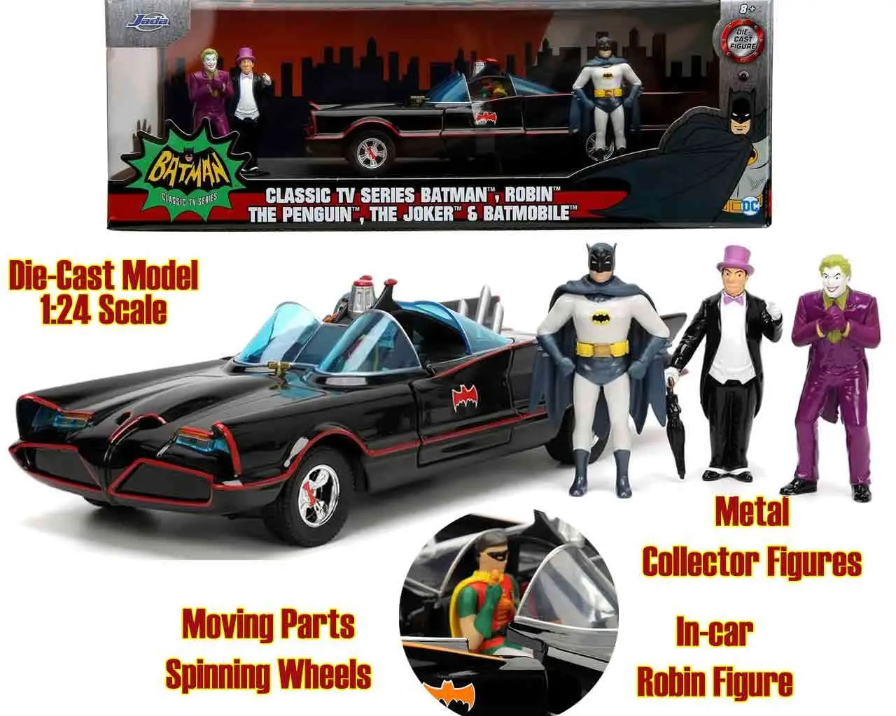 batman 1966 - batmobile with batman, robin, joker & the penguin - 1:24 die-cast model deluxe edition